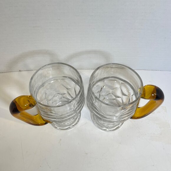 Set Of 2 Vintage Clear Glass Beer Mugs With Amber Handles - Picture 3 of 7
